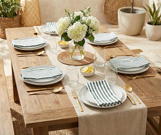 PurpleEssences Plain Striped Cloth Napkins - Set of 12-100% Cotton - 18 x 18 Inch - Spring Easter Summer and Perfect Everyday Use Dinner Napkin - Forest Green and White