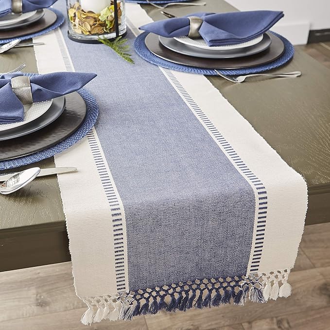 DII Dobby Stripe Woven Table Runner, 13x72-inch, French Blue