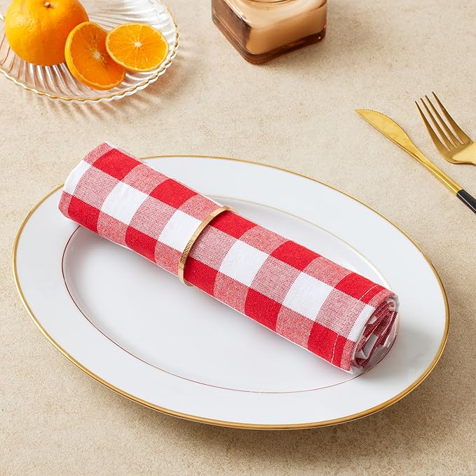 Cloth Napkins Set of 12, 100% Cotton Dinner Napkins 18x18 Inch, Soft Absorbent Gingham Check Napkin for Restaurant, Table Décor, Reusable Washable for Everyday Use - Red/White