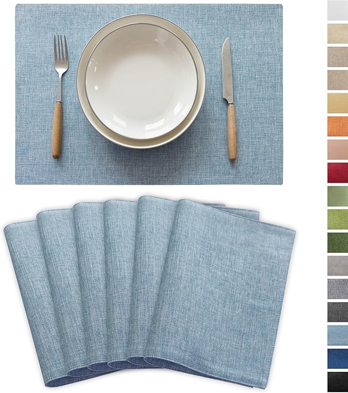 Demetex Blue Placemats Set of 6 Heat Resistant Farmhouse Burlap Placemats Washable Cloth Place Mat Dining Table Plate Mats for Kitchen Table Decor, Blue