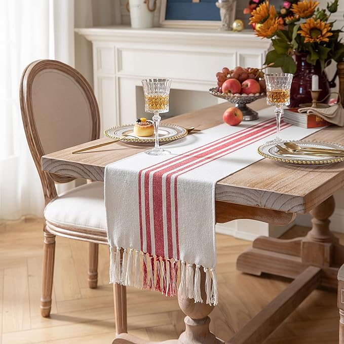 Caflife Christmas Table Runner 13 x 108 Inch for Dining Table, Boho décor Coffee Table Runner with Handcrafted Tassels, red and Beige Stripe Table Runner for Holiday, Winter