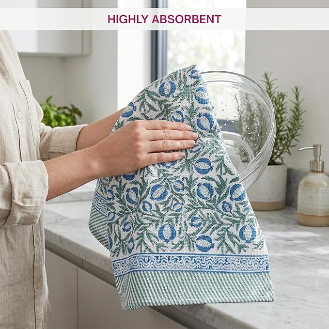 ATOSII 100% Cotton Hand Block Print Waffle Kitchen Towel, Set of 3, 18 x 26 Inches Ultra Absorbent Quick Dry Dish Towels, Lightweight Reusable Sustainable Tea Towels for Cleaning and Drying, Anar Blue