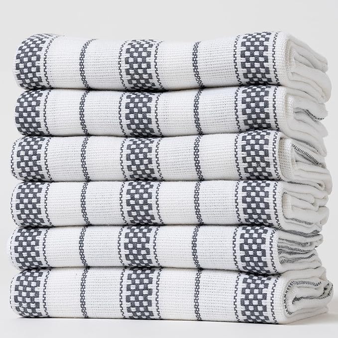 Kitchen Towels Set – Pack of 6 (20’’ x 30’’) Extra Large Premium Cotton Dish Towels for Kitchen – Chain Stripe Towels – Absorbent – 100% Cotton – with Hanging Loop – Dark Grey