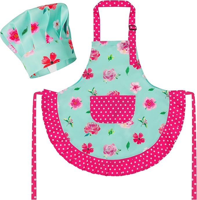 R HORSE Kid Apron and Chef Hat Set - 2Pcs Green Floral Toddler Kitchen Apron for Girls, Adjustable Role Play Costume Pretend Play Toy for Cooking Baking Painting Birthday Gift for Kids Ages 3-6