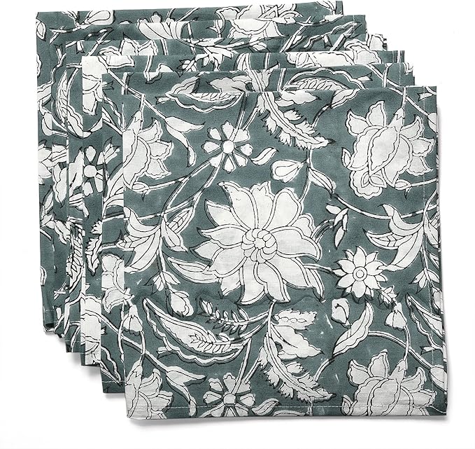CPC Cloth Napkins Set of 4 Cotton Printed Dinner Hand Print Napkins I Wedding Cocktail Cloth Floral Napkins I 18x18 in I Gray Flower