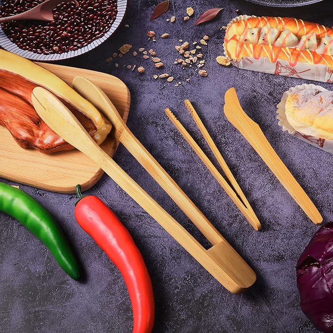 Zopeal 9 Pcs Bamboo Utensils for Cooking Wooden Toaster Tongs Long Cooking Salad Tongs for Picking up Cheese Bacon Toast Cake Fruits Bread Spaghetti for Kitchen Women Men