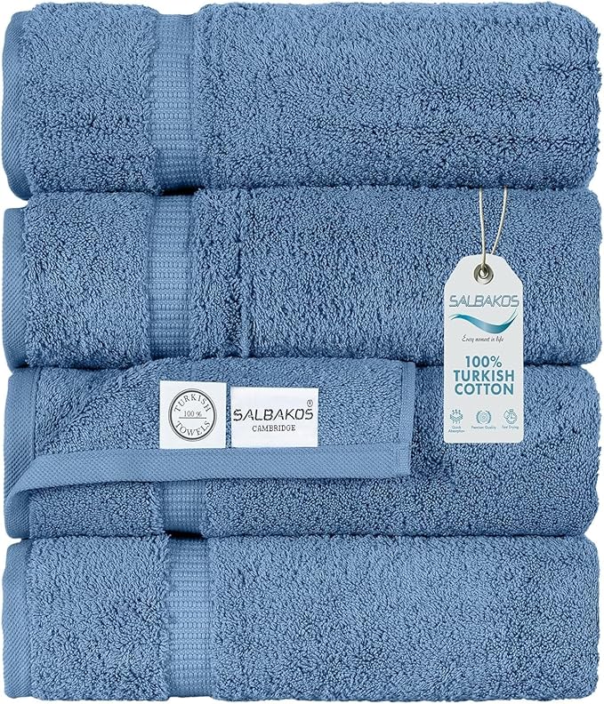 SALBAKOS 100% Turkish Cotton Bath Towels | 4 Piece Turkish Bath Towels Blue 27x54 in Standard Size | Premium Hotel Quality, Super Absorbent, Thick & Plush Turkish Bath Towel (Blue, 4 Bath Towels)