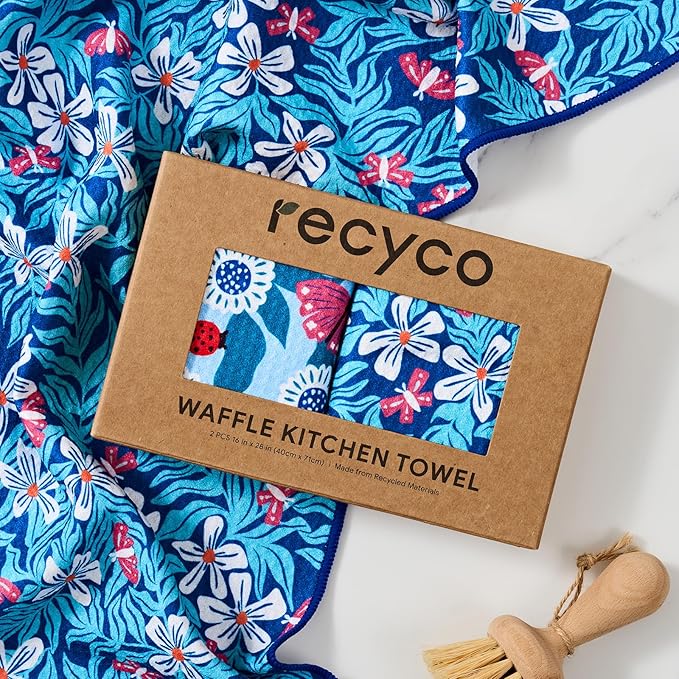 RECYCO Waffle Kitchen Towel Set of 2 - Quick Dry Microfiber Sustainable Dish Towels - Absorbent Reusable Cleaning Tea Towels - Lightweight Hand Towels,16”x 28”, Cloud Blue