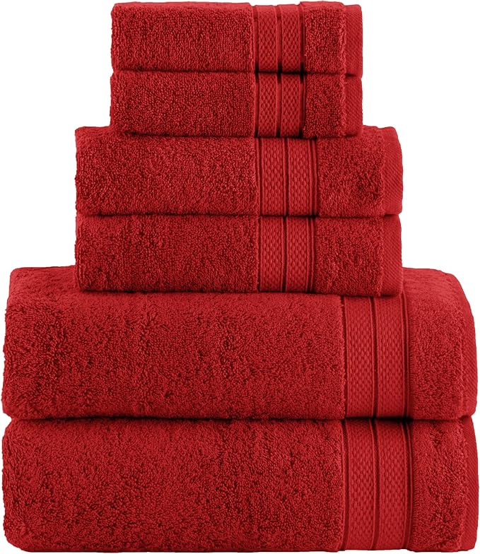 Elegant Comfort Luxury 6-Piece Towel Set, Premium Soft 100% Turkish Cotton, Three Line Popcorn Design 2 Bath Towels, 2 Hand Towels and 2 Washcloths Towel Set - Quick-Drying and Absorbent, Red