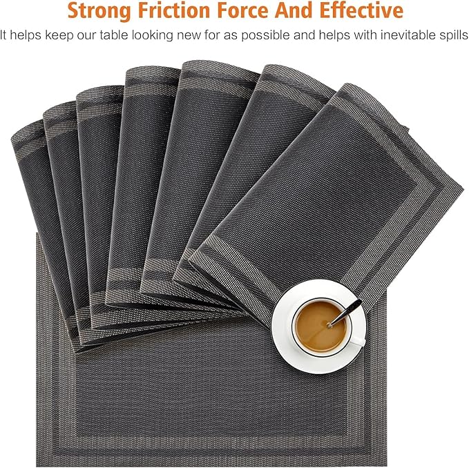 Placemats Set of 12,Washable,Heat and Stain Resistant Indoor/Outdoor Place mats,Vinyl Woven Non Slip Table Mats for Restaurant Table Protection,PVC Placemats(Black Gold,12PCS)