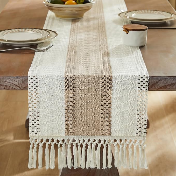 ZeeMart Macrame Style Bicolor Stitching Table Runner, 14 x 36 Inch Taupe/Ivory, Boho Beige Table Runners 36 Inches Long, Farmhouse Woven Home Decor