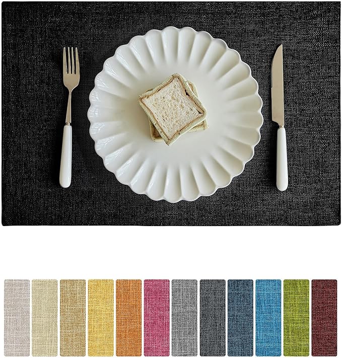 Softalker Faux Linen Placemats Set of 12-12 x 18 Inch, Heat Resistant Double Layered Durable Burlap Farmhouse Place Mats, Non-Slip Washable Rustic Table Mats for Dining, Kitchen, Party（Black