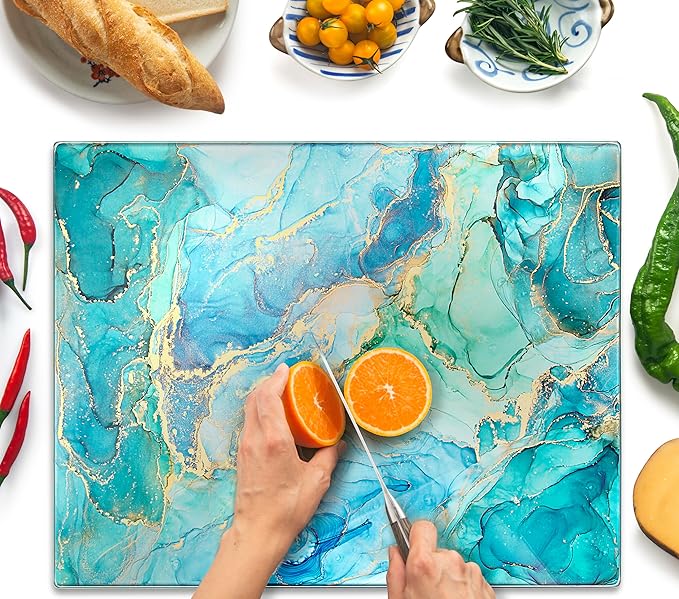 Kitchenville Glass Cutting Board 20”x16”: Tempered Glass Kitchen Counter Protector - Durable- Scratch-Resistant, Heat-Proof - Design 9 - Teal Ocean