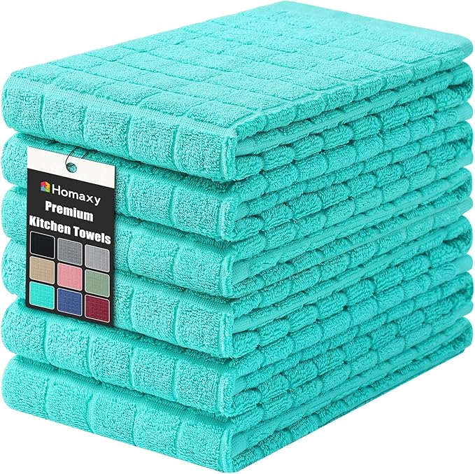 Homaxy Premium Cotton Kitchen Towels 16"x 28", Large Natural Ring Spun 390 GSM Dish Towels, Super Absorbent Terry Kitchen Hand Towels, Soft Tea Towels with Hanging Loop, Pure Aqua Design, 6 Pack