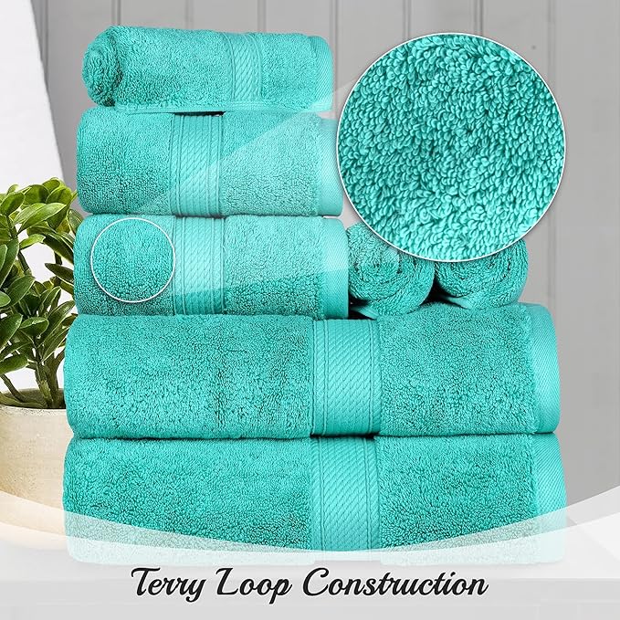 SUPERIOR Egyptian Cotton Pile 10 Piece Towel Set, Includes 2 Bath, 4 Hand, 4 Face Towels/Washcloths, Ultra Soft Luxury Towels, Thick Plush Essentials, Guest Bath, Spa, Hotel Bathroom, Turquoise