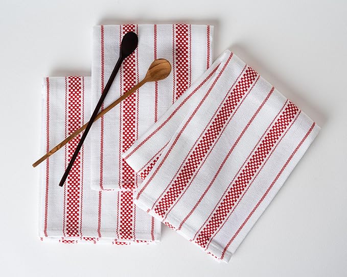 Kitchen Towels Set – Pack of 6 (20’’ x 30’’) Extra Large Premium Cotton Dish Towels for Kitchen – Absorbent – 100% Cotton – with Hanging Loop – Red Multi Design Striped