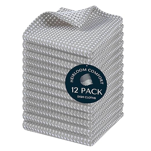 12 Pack Dual Reversible Waffle Weave Dish Cloth, 12x12 Inch, 100% Cotton, Absorbent Dishcloth Set, Quick Dry, Soft for Cleaning, Wiping, Hand Towels, Dish Rags, Durable, Ash Grey