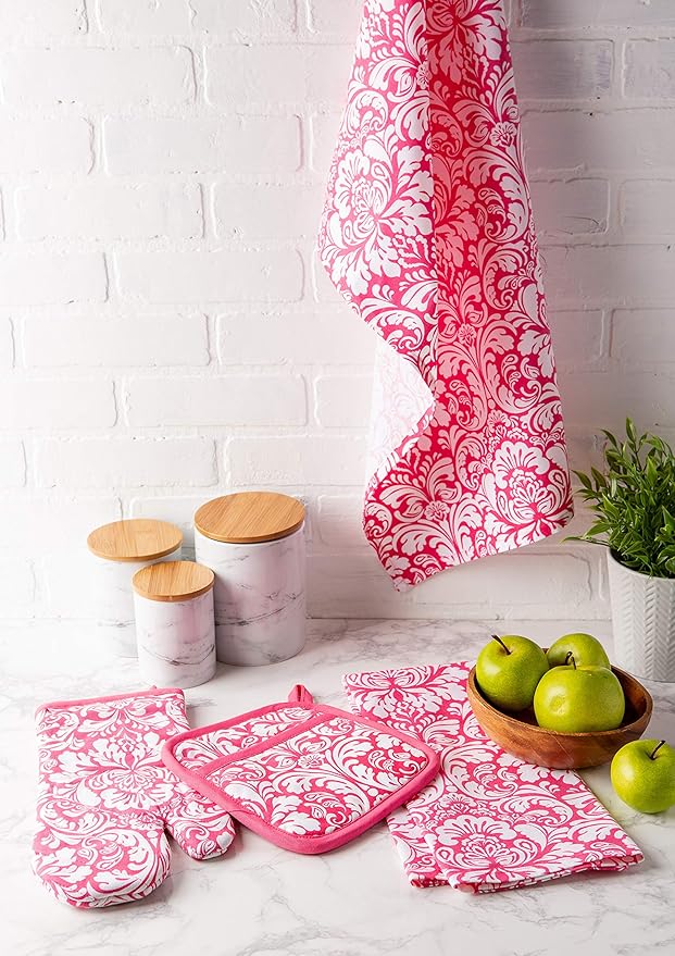 DII Quilted Kitchen Oven Mitt & Potholder Set, Hanging Loop for Convenient Storage, OM 6.5x12/PH 8x8.5, Pink Damask Print, 2 Piece
