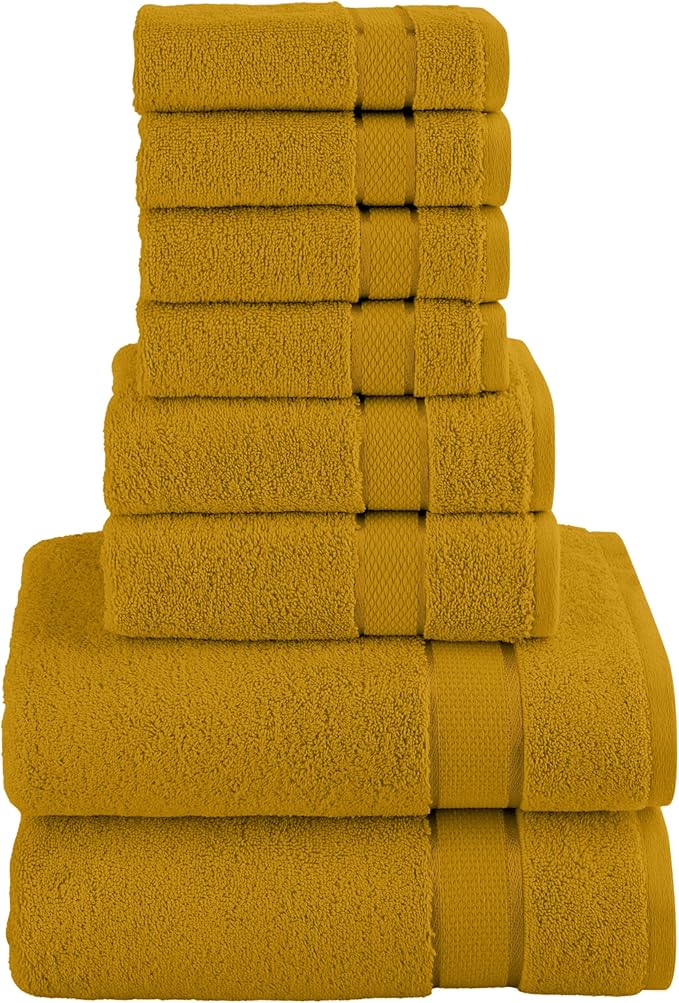 Elegant Comfort Premium Cotton 8-Piece Towel Set, Includes 4 Washcloths, 2 Hand Towels and 2 Bath Towels, 100% Turkish Cotton - Highly Absorbent and Super Soft Towels for Bathroom, Gold
