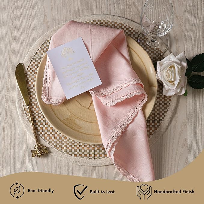 Ramanta Home Linen Flax Cloth Napkins Set of 24 Pink, 18x18 Inch | Easter Premium Cotton Linen Flax Lace Soft & Durable | Washable Ideal for Spring Basket Décor, Wedding Parties, Kitchen, Everyday Use