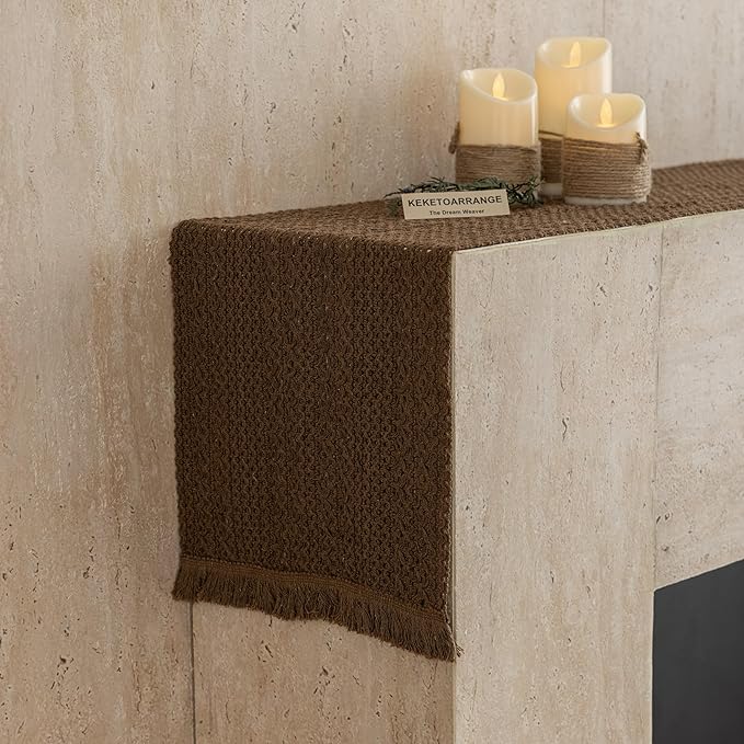 Keketoarrange Boho Brown Table Runner for Home Decor 13x48 Inches Farmhouse Small Macrame Woven Burlap Jute Rustic Coffee Table Runner Dresser Scarf Dining Kitchen Centerpiece Bohemian Decor