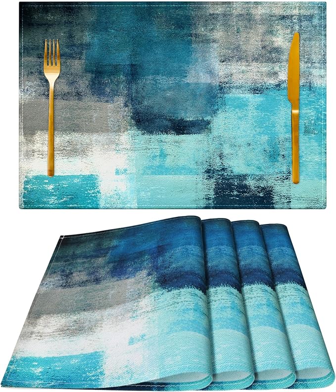 Teal and Gray Placemats Washable, Linen Rectangular Place Mats Set of 4, Dining Table Decor for Living Room, Kitchen, Farmhouse and Outdoor