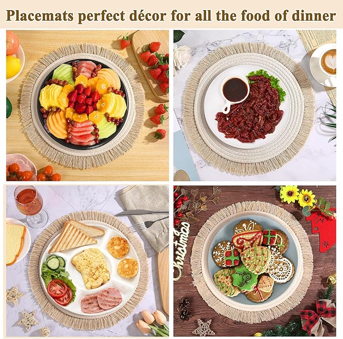 Round Placemats Set of 4 Table Mats 13Inch Washable Cotton Heat Resistant for Dining Table Decor, Farmhouse Thick Rustic Kitchen Placemats Non-Slip Hand Woven Boho Placemats for Thanksgiving Christmas