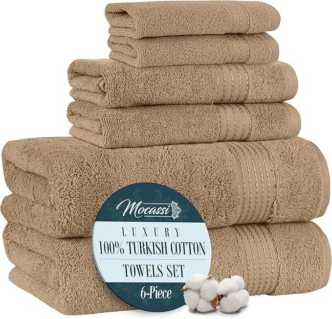 Mocassi Luxury 100% Turkish Cotton 6-Piece Towel Set - Ultra Soft, Quick Dry Highly Absorbent Premium Spa Hotel Quality Bath Towels, Includes 2 Bath Towels, 2 Hand Towels and 2 Washcloths, Taupe