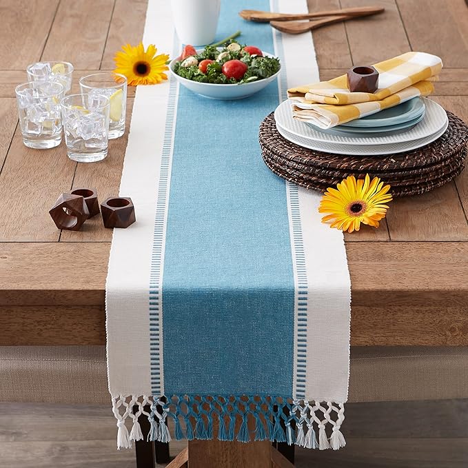 DII Dobby Stripe Woven Table Runner, 13x72 (13x77.5, Fringe Included), Storm Blue