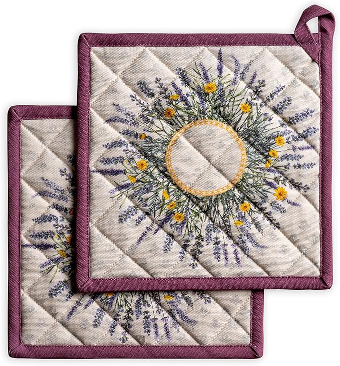 Maison d' Hermine Pot Holders 100% Cotton Heat Resistant Potholders 8" x 8" Hot Pads with Loop BBQ Cooking Baking Gifts for Mothers Day Handling Hot Pans Spring/Summer (Pack of 2, Fanny Lavender)