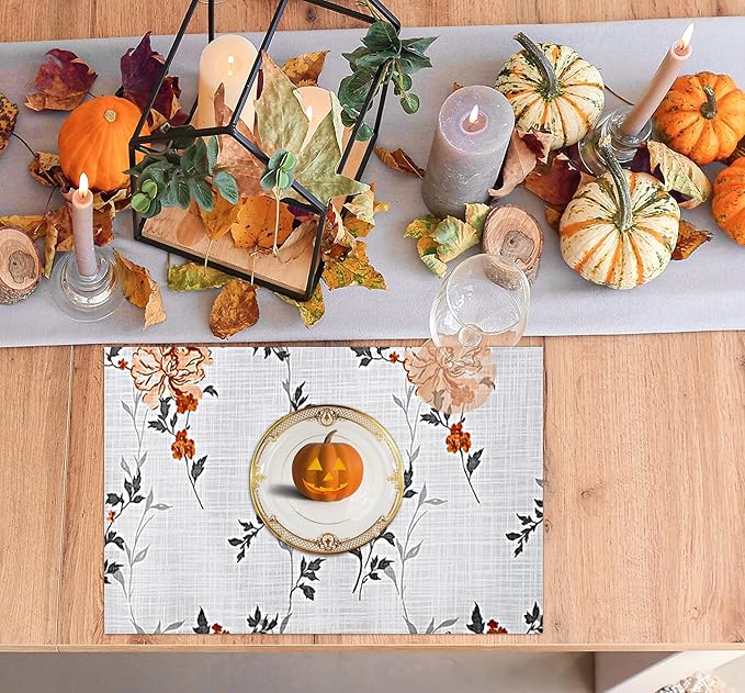 Ruvanti Placemats 100% Cotton 13x19 Inch, Dining Table Placemats Set of 6, Modern Place Mats for Dining Table Decor, Kitchen & Table Linens, Coffee Mat for Christmas Dinners - Grey Floral