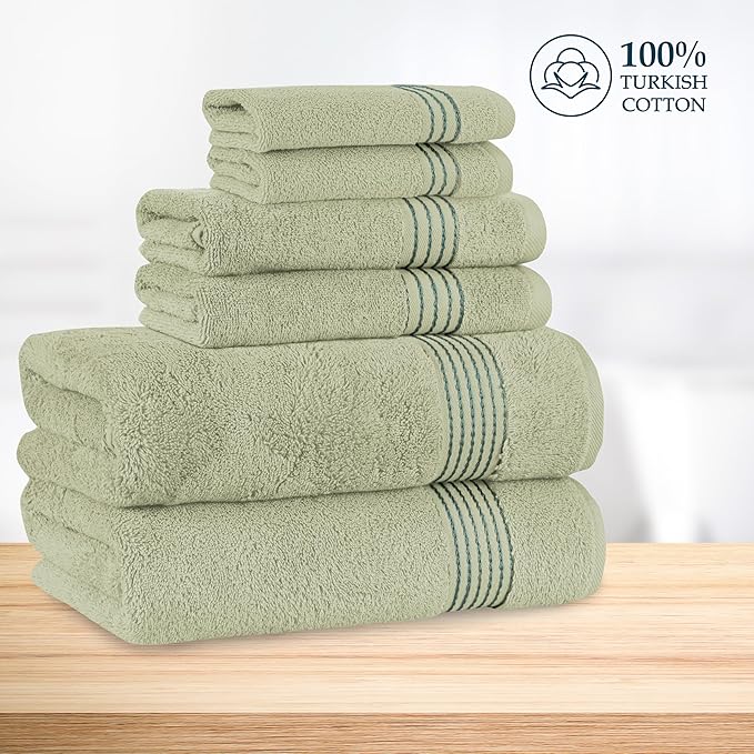 Mocassi Luxury 100% Turkish Cotton 6-Piece Towel Set - Ultra Soft, Quick Dry Highly Absorbent Premium Spa Hotel Quality Bath Towels, Includes 2 Bath Towels, 2 Hand Towels and 2 Washcloths, Mint Green