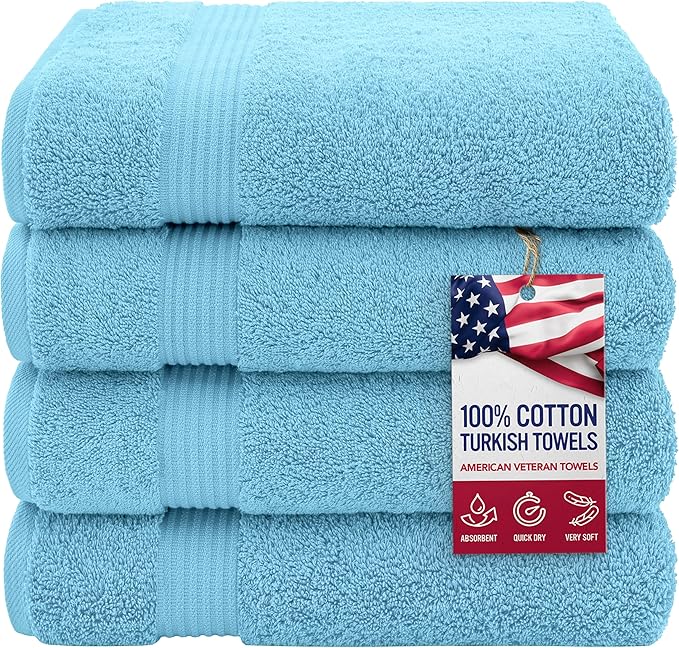 American Veteran Towel 100% Cotton Turkish Bath Towels for Bathroom 4 Pack, 27x54 Extra Large Premium Soft Drying Bathroom Towels, Sky Blue