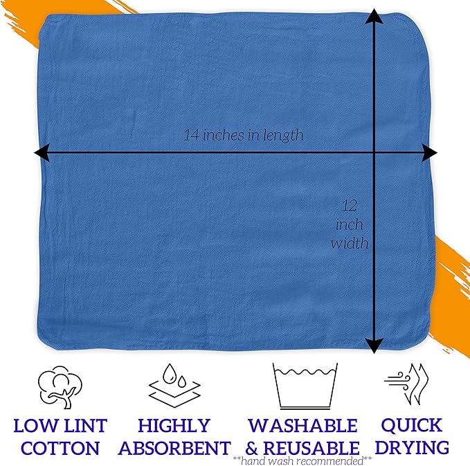 GREEN LIFESTYLE Shop Towels 12" x 14" 600 Pack - Blue Cotton Shop Towels, Cleaning Rags Bulk, Reusable Shop Rags, Absorbent Terry Cloth Towels for Garage, Automotive, Industrial and Housekeeping Use