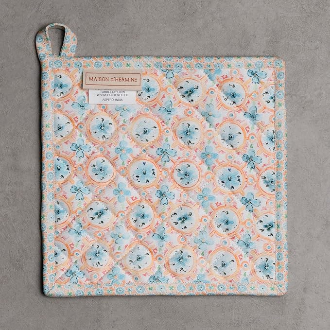 Maison d' Hermine Pot Holders 100% Cotton Heat Resistant Potholders 8" x 8" Hot Pads with Loop BBQ Cooking Baking Gifts for Mothers Day Handling Hot Pans Spring/Summer (Pack of 1, Summer Whisper)