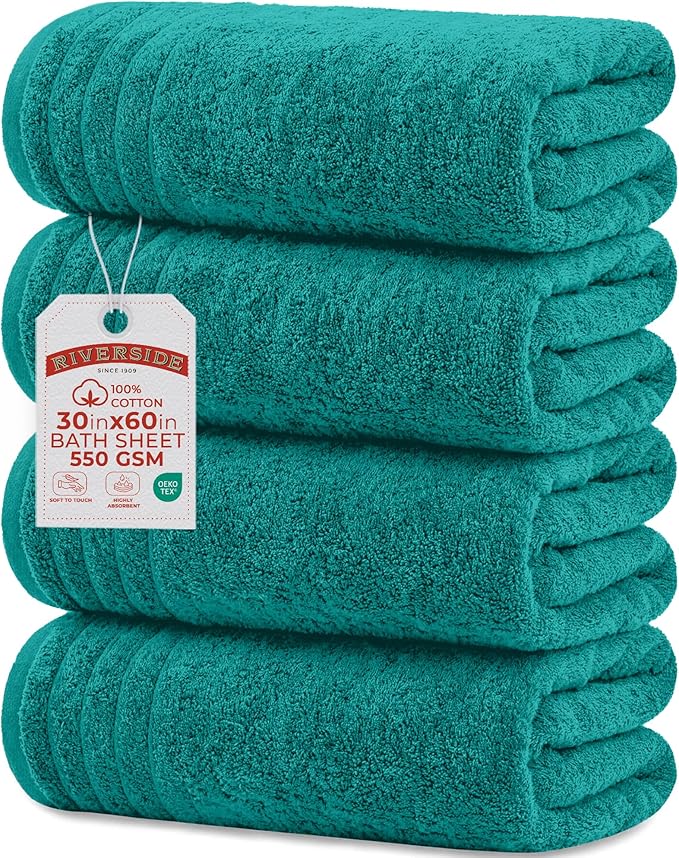 RIVERSIDE Pack of 4 Premium Extra Large Bath Towels 30 x 60 Inches, 100% Cotton, Super Soft & Highly Absorbent, Larger & Lighter Weight, Quicker to Dry, Perfect for Bathroom, Teal