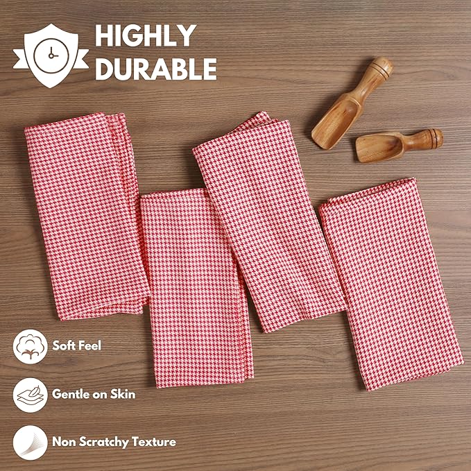 Napkins 100% Cotton Decorative Napkin Washable Houndstooth Check Cloth Napkins Set of 12 for Home, Wedding, Restaurant, Buffet Party & Camping - Red (18”X18”)