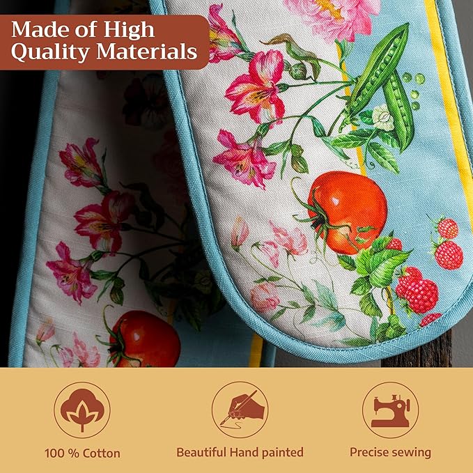 Maison d' Hermine Double Oven Mitts 100% Cotton 7"x35" Double Oven Mitt Heat Resistant BBQ Cooking Gloves with Loop Baking Grilling Gifts for Mothers Day Spring Summer (Giverny)