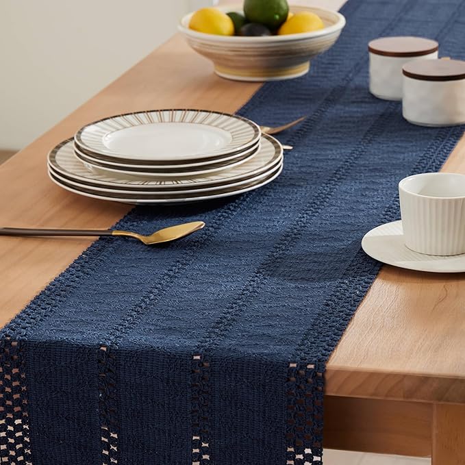 ZeeMart Macrame Style Boho Table Runner, Navy Table Runners 72 Inches Long, Farmhouse Woven Home Decor, 12x72 Inch, Navy Blue