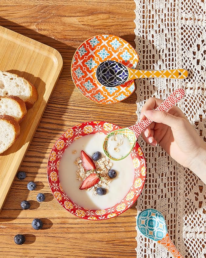 Metahom Ceramic Small Serving Spoons, Colorful Soup Spoon Set for Cereal, Yogurt, Dips, Ice Cream, Ramen, Dishwasher & Microwave Safe, Cute Decorative Spoon Set of 6