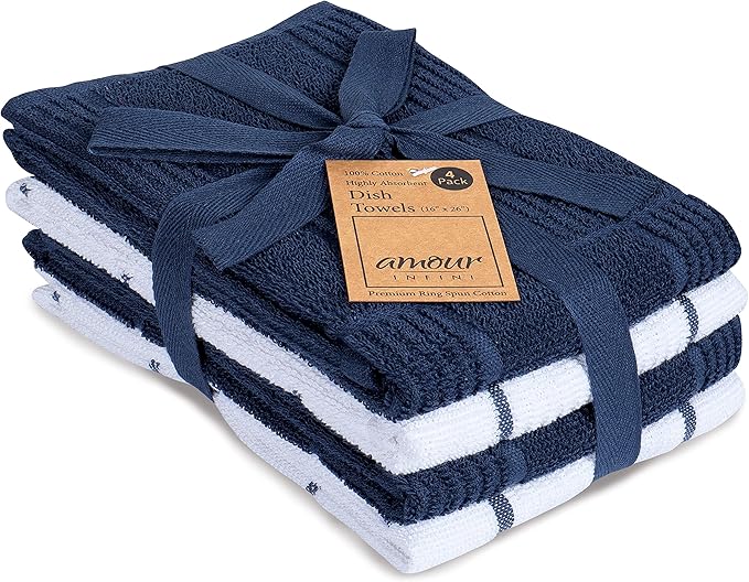 AMOUR INFINI Kitchen Towels Pack of 4, Terry Cotton Dish Towels, Ultra Absorbent, Quick Drying Hand & Tea Towels, Soft Durable Cleaning Cloths with Hanging Loop, 16 x 26 Inch (Navy/Blue)