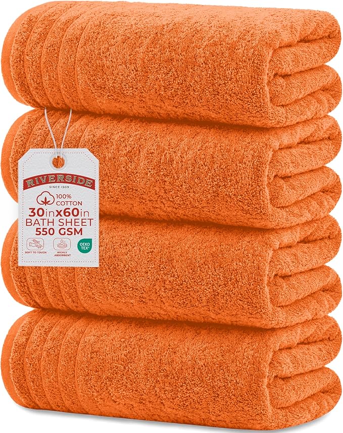 RIVERSIDE Pack of 4 Premium Extra Large Bath Towels 30 x 60 Inches, 100% Cotton, Super Soft & Highly Absorbent, Larger & Lighter Weight, Quicker to Dry, Perfect for Bathroom, Orange