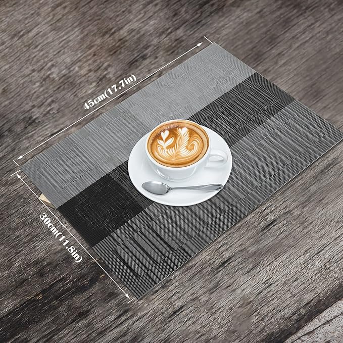 HeloHo Black Placemats Set of 6 Washable Place Mats Vinyl Woven Table Mats Wipeable Placemat for Kitchen Dining Table Decoration Indoor Outdoor