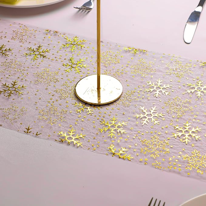 Snowkingdom 2 Pcs Christmas Snowflake Gold Table Runner Sparkly Golden Metallic Foil Runners Decorations Glitter for Winter Festival Holiday Home Party Seasonal