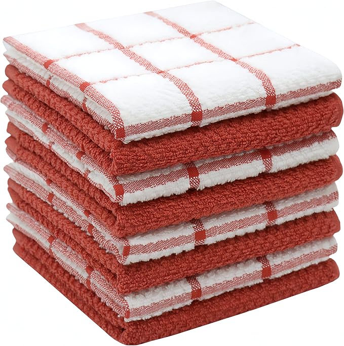 Cleaning Rags Cleaning Cloths for Cleaning House, Cotton Dish Cloths Dish Rags for Washing Dishes, Set of 8, Light and Soft Terry Kitchen Washcloths Kitchen Rags,12 Inch x 12 Inch (Red Set