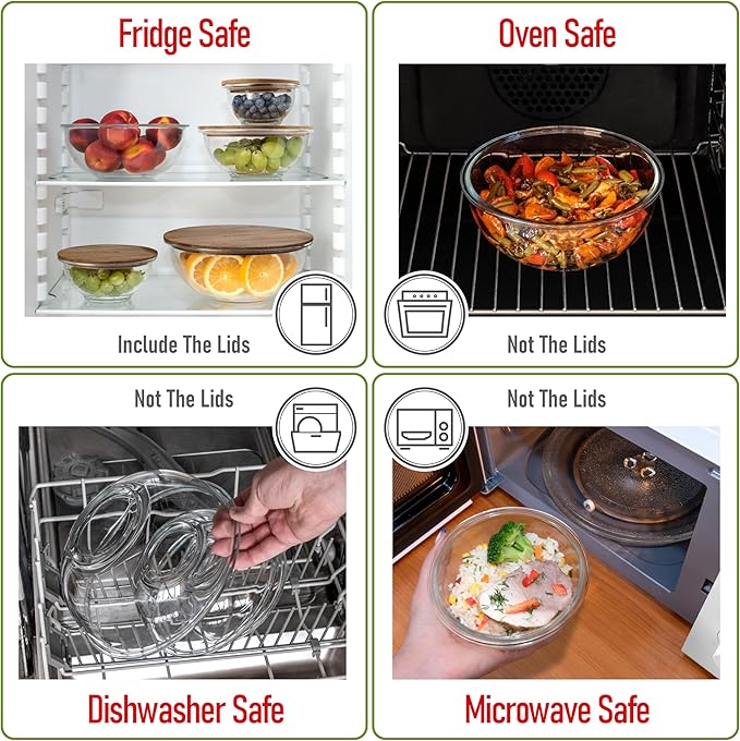 Set of 5 Nesting Glass Bowls with New Updated Acacia Lids for Foodprep, Storage, Mixing & Cooking - Microwave & Oven-ready BPA Free Durable Heat Resistant Inert Borosilicate Glass