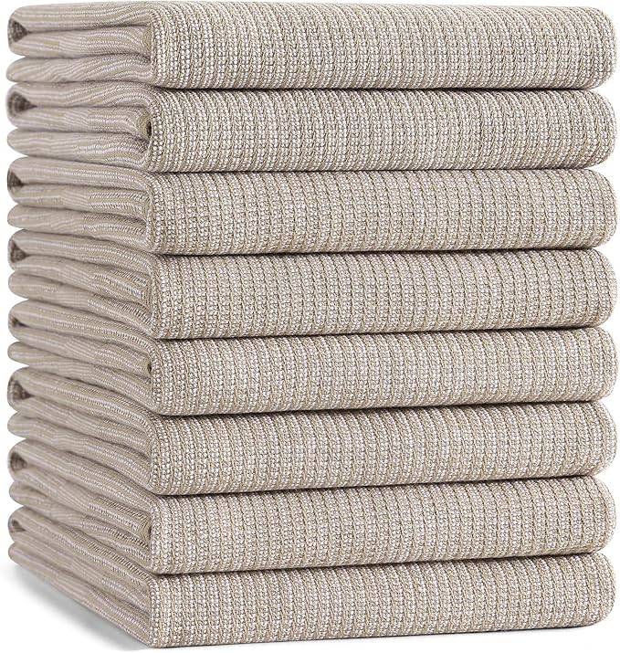 Mordimy Premium Kitchen Towels 8 Pack (18 x 28 Inches, Khaki), Large Cotton Kitchen Hand Towel, Flat & Terry Dish Towels for Drying Dishes, Super Absorbent Tea Dishtowels Set with Hanging Loop