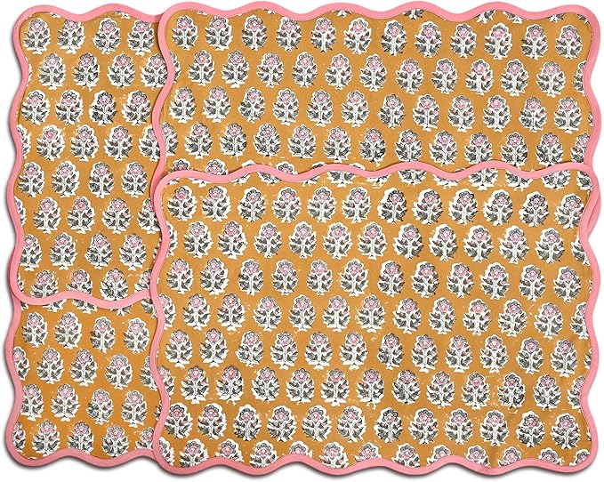 CPC Cotton Placemats Citrine Yellow Set of 4-Hand Block Printed Reversible Placemats, Flower Scalloped & Embroidered Cloth Table Mats - 14 x 20 inch Gift for Spring, Mother's Day