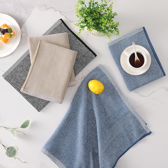 Mordimy Premium Kitchen Towels 6 Pack (18 x 28 Inches, Navy Blue/Khaki/Black), Large Cotton Flat & Terry Kitchen Hand Towel, Super Absorbent Tea Dishtowels Set with Hanging Loop