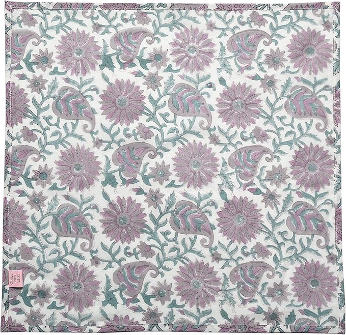 CPC Cloth Napkins 100% Cotton Set of 4 Reusable Napkins, Indian Block Print Toile Floral Dinner Napkin, Fall Thanksgiving Christmas Holiday Party Gift - Soft Absorbent Napkin, 18"x18" Lavendar Flower